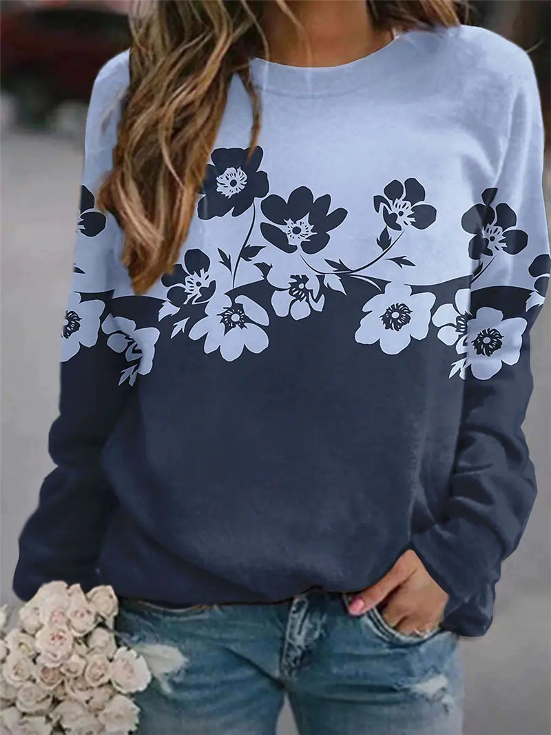 European And American New Flower Print Round Collar Long Sleeve Hoodie