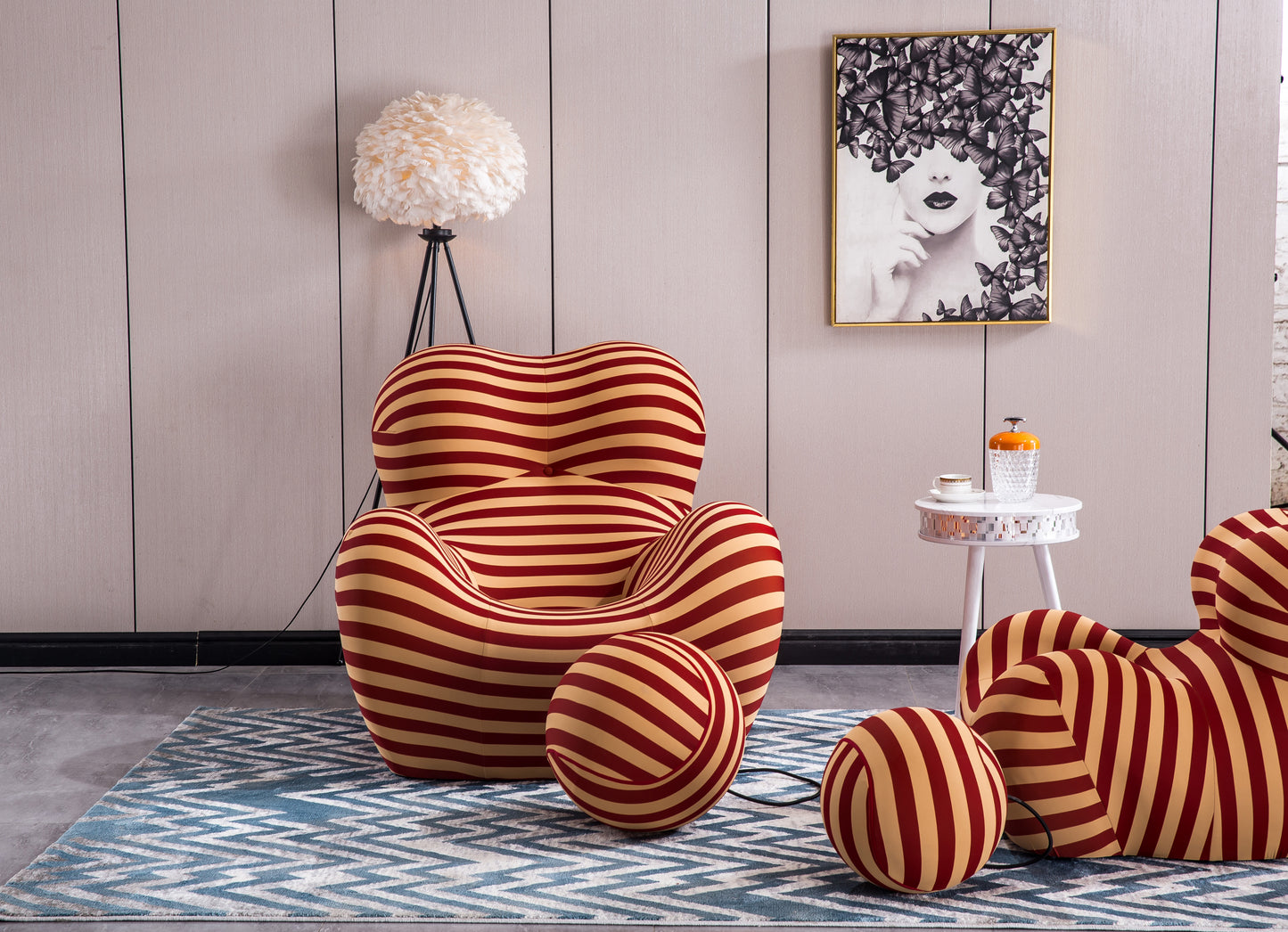 Barrel Chair with Ottoman, Mordern Comfy Stripe Chair for Living Room (3 Colors, 2 Size), Red &amp;amp; Yellow Stripe and Small Size