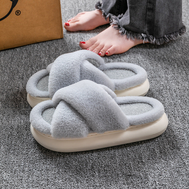 Women's Platform Fuzzy Home Slippers Winter Open Toe Criss-cross Solid Color Casual Floor Slides Indoor Flat Comfy House Shoes