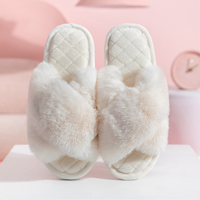 Cross-strap Furry Slippers Warm House Shoes For Women Winter Casual Flip Flops Fluffy Shoes Slides Soft Plush Home Indoor Slippers