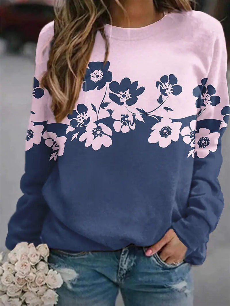 European And American New Flower Print Round Collar Long Sleeve Hoodie