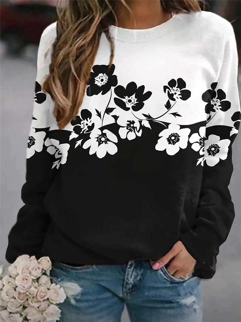 European And American New Flower Print Round Collar Long Sleeve Hoodie