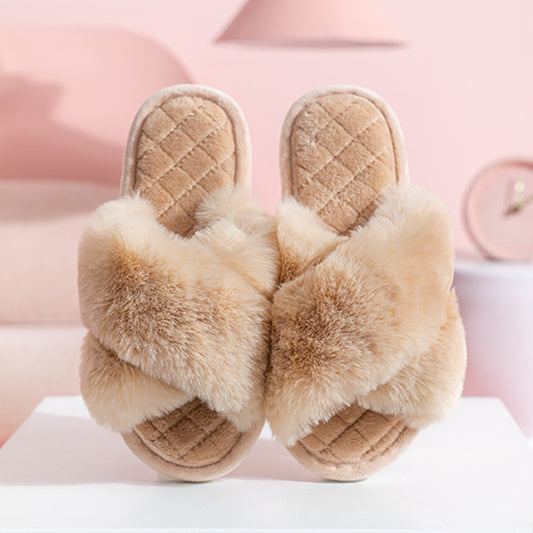 Cross-strap Furry Slippers Warm House Shoes For Women Winter Casual Flip Flops Fluffy Shoes Slides Soft Plush Home Indoor Slippers