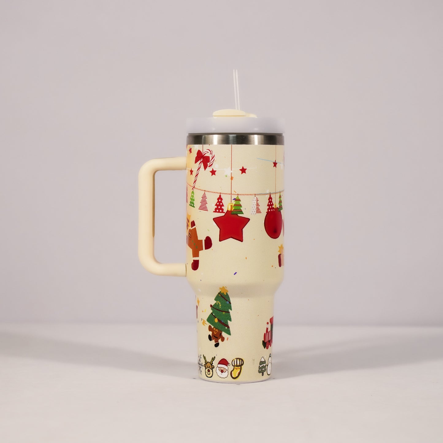 New Christmas Pattern Mug With Handle Lid Straw Drinkware Stainless Steel Vacuum Tumbler Large Capacity Car Travel Coffee Cup