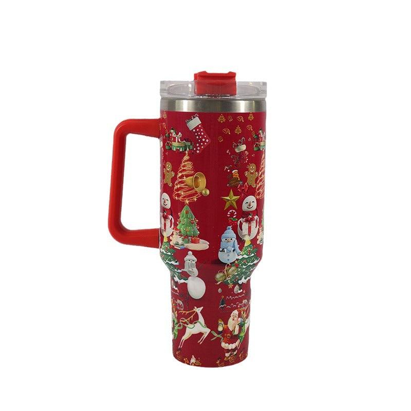 New Christmas Pattern Mug With Handle Lid Straw Drinkware Stainless Steel Vacuum Tumbler Large Capacity Car Travel Coffee Cup