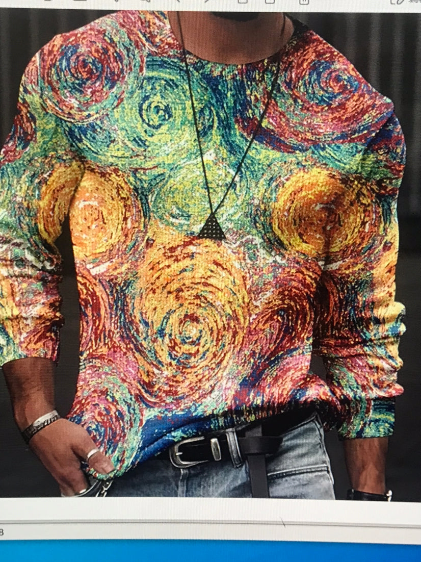 Men's Round Neck Sweater Pullover Loose 3D Printed Long-sleeved Top