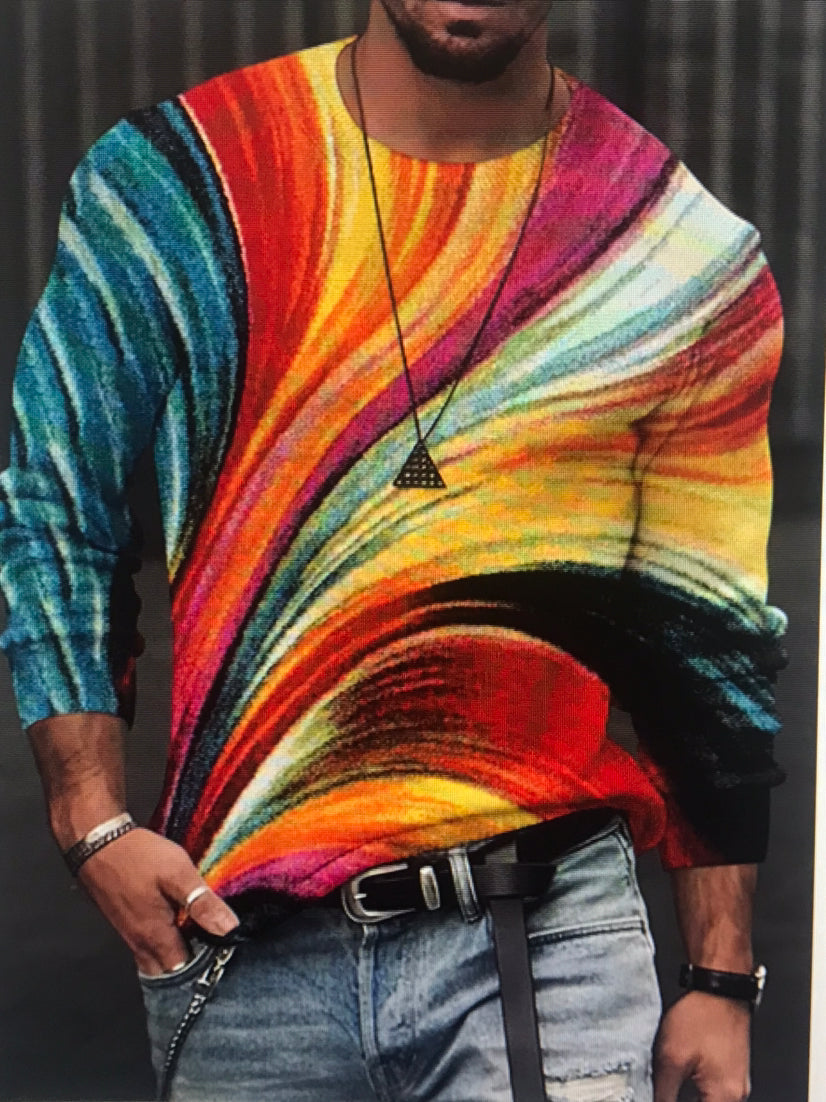 Men's Round Neck Sweater Pullover Loose 3D Printed Long-sleeved Top