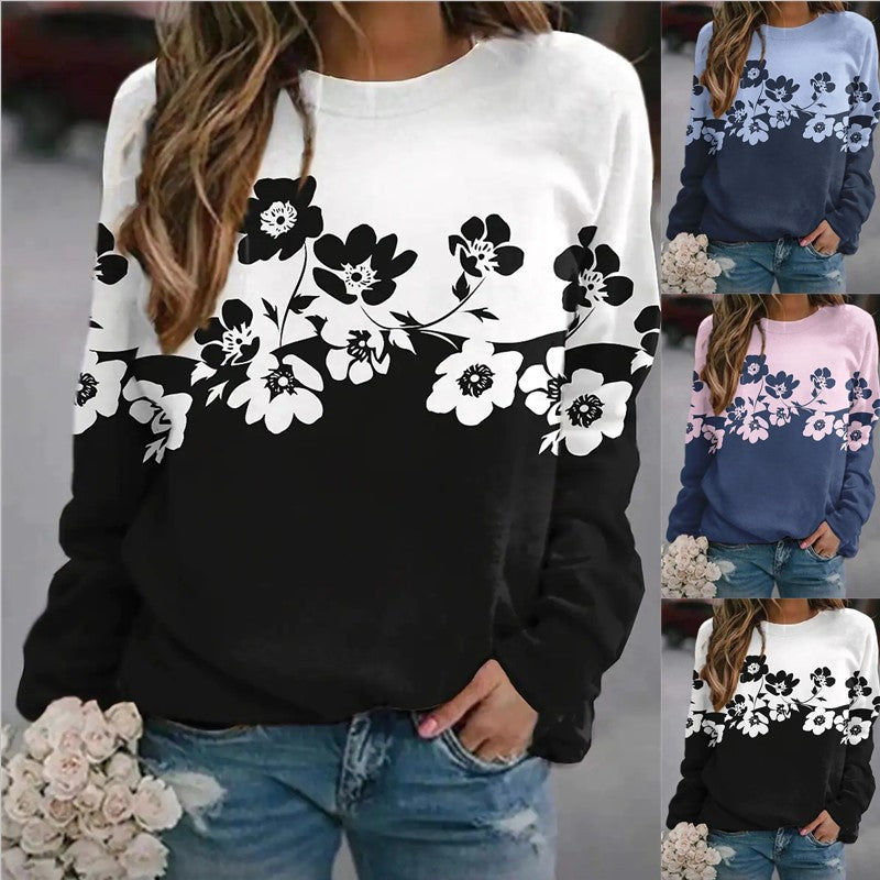 European And American New Flower Print Round Collar Long Sleeve Hoodie